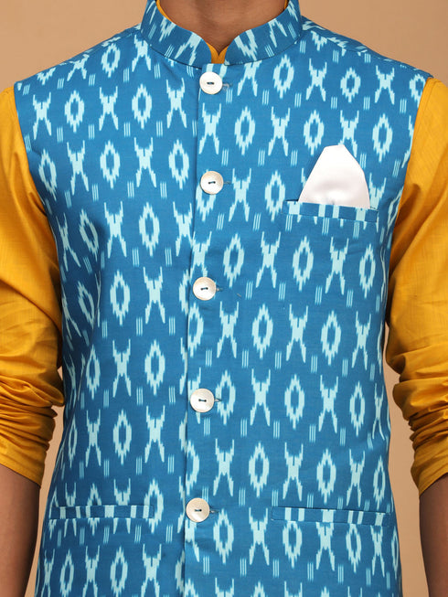Vastramay Men's Turquoise Ikkat Printed Cotton Nehru Jacket With Mustard Kurta And White Pyjama Set